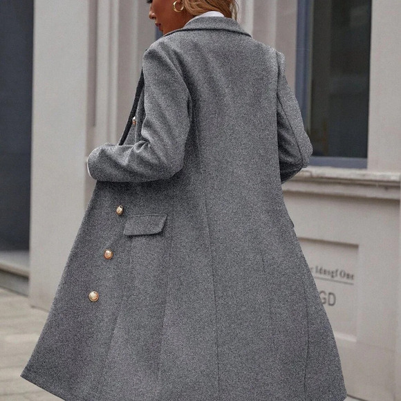 Grey Elegant Women's Double-Breasted Long Sleeve Coat - Picture 2 of 6